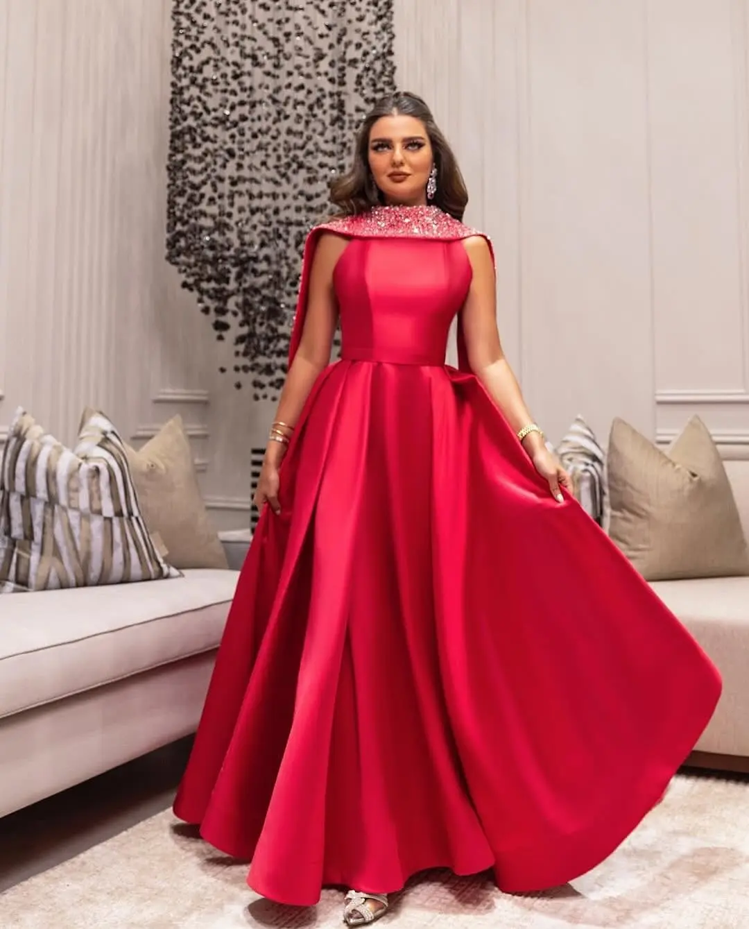 

Women Sleeveless Prom Dresses High Neck Pleated Beadings Floor Length Prom Dresses Formal Occasion Dresses