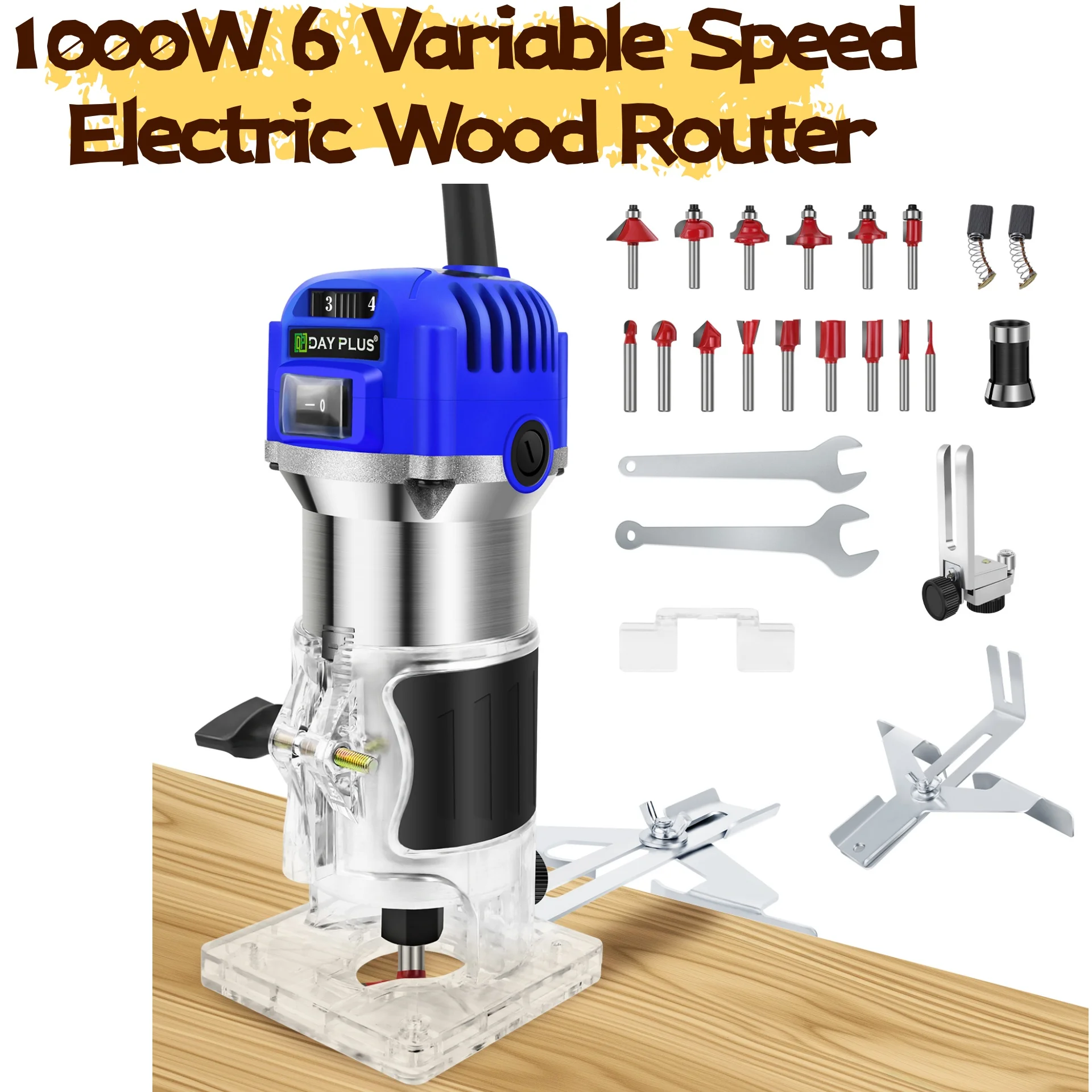 1000W Electric Palm Router Tool, 4000-30000 RPM 6 Variable Speed Wood Router with 15PCS 1/4" Router Bits,Wood Trimmer Routers
