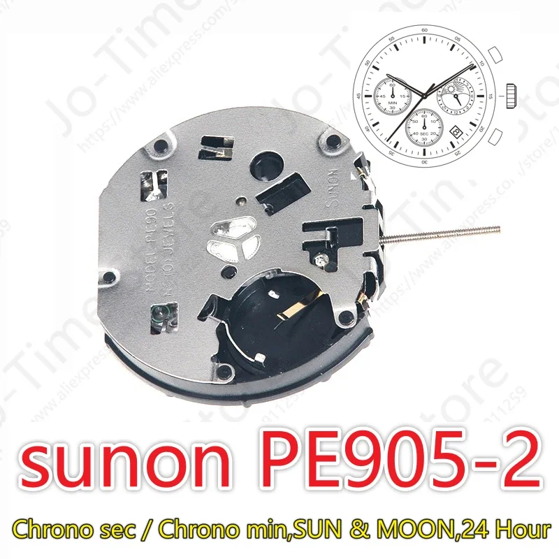 Sunon PE905-2 ساعة كوارتز Ligne حركة الصين ثلاثة أيدي مع 3 عيون تاريخ كرونوغراف صغير دقيقة ثانية الشمس والقمر 24 ساعة