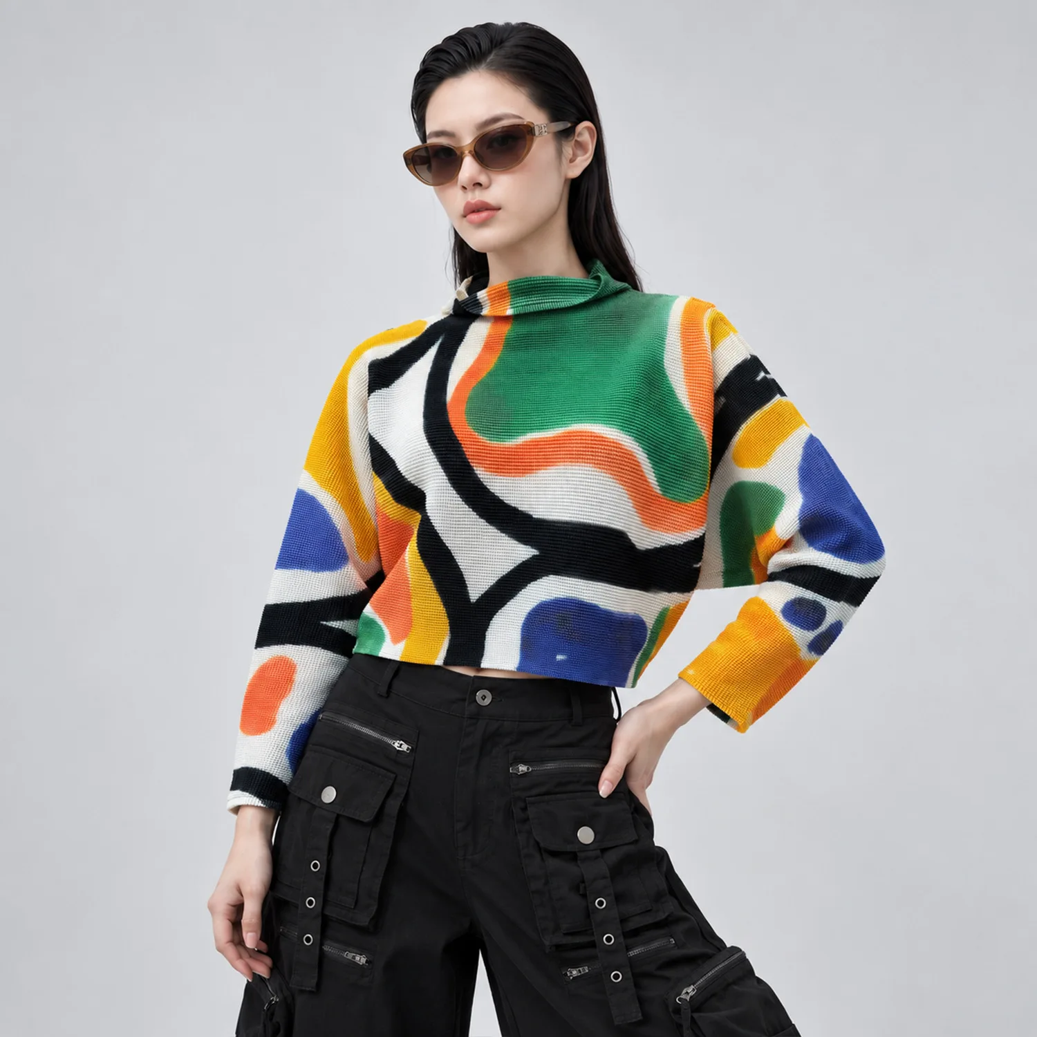 Miyake Pleated Women Cropped Turtleneck Long Sleeve Pullover Grain Texture Abstract Colorful Print Loose Casual Top Autumn New