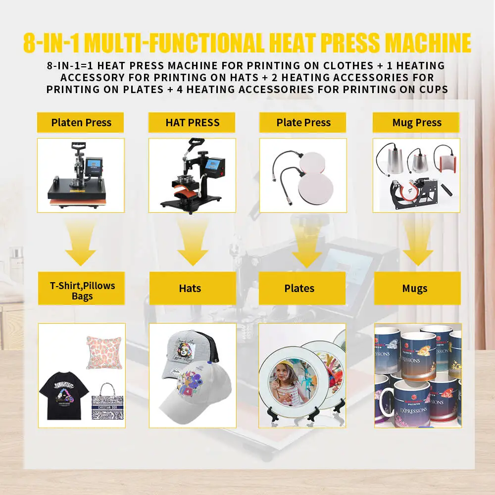 Cheap 38*38CM 8 in 1 Combo Heat press Machine Sublimation Printer 2D Heat Transfer Machine for Cap Mug Plate Tshirts CE Approved