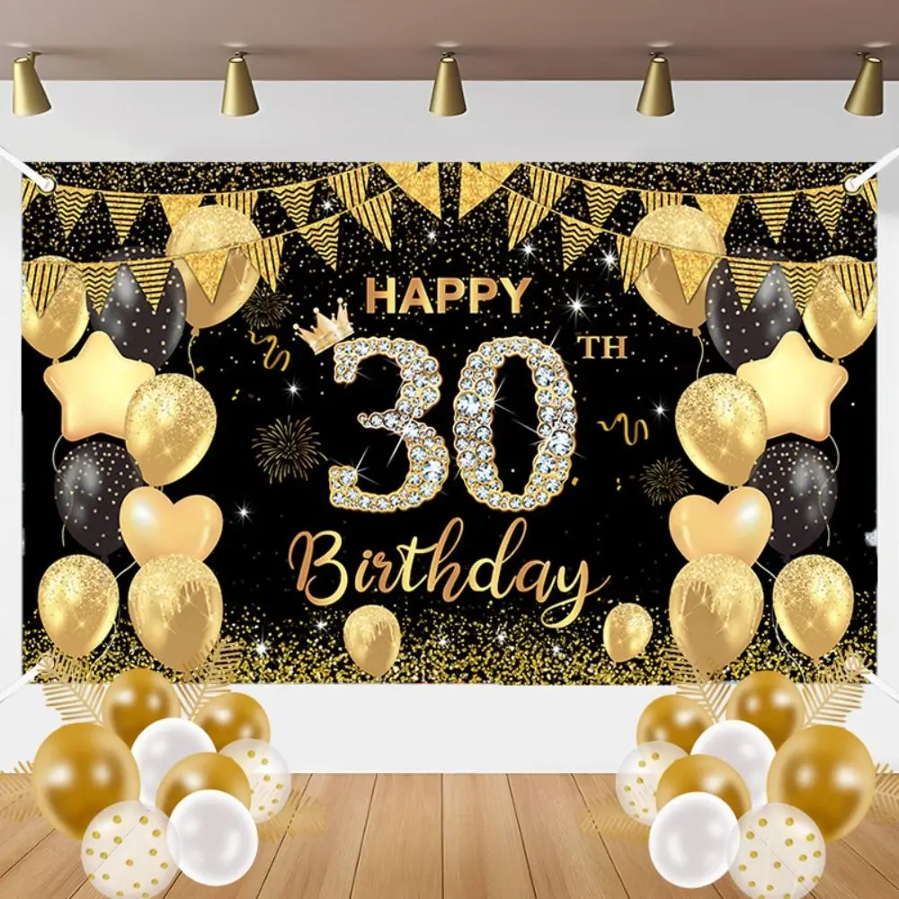 10th 100th Happy Birthday Photography Backdrop Glitter Black Gold Party Hanging Banner Celebrate Polyester Poster Photo Props