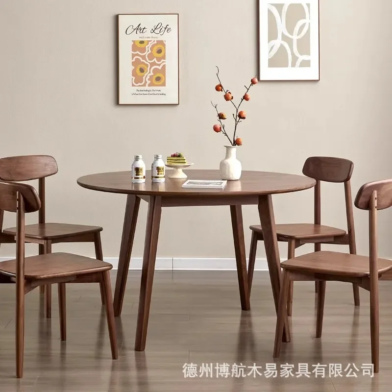 for North American Black Walnut Dining Table Simple Household Log Small Apartment Nordic Solid Wood Round Table and Chair