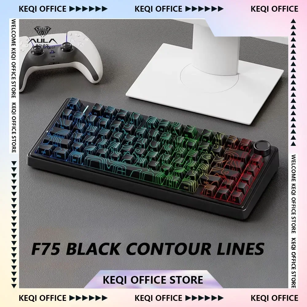 AULA F75 Black Contour Lines Mechanical Keyboards 2.4G Wireless 3Mode RGB Backlight Hot Swap Game Keyboard Custom PC Accessories