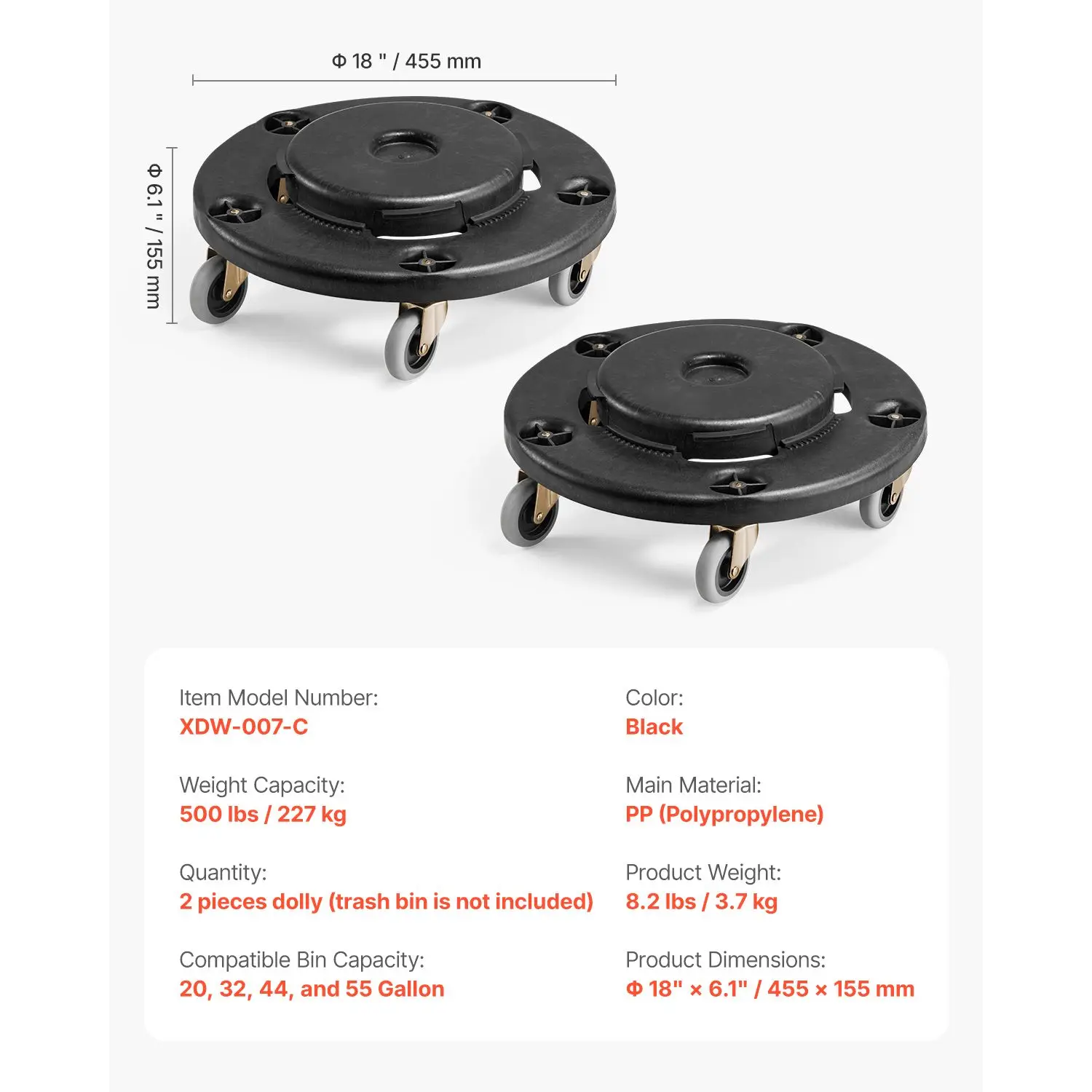 Trash Can Dolly, Fit 20, 32, 44, 55 Gallon Containers, 2 Packs Round Roller Base with 4 Lockable Wheels, 500lbs Heavy Duty