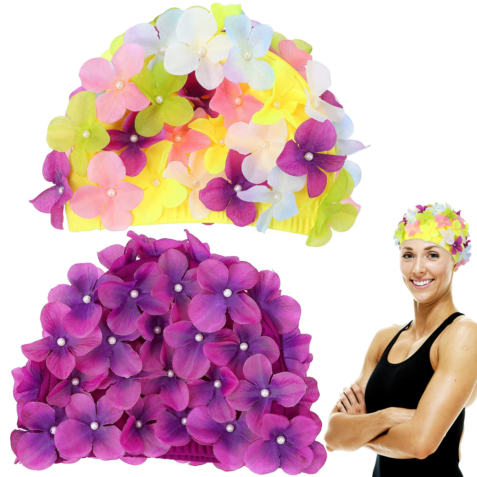 

2 pcs Flower Swimming Cap Women's Floral Waterproof Stretchy Nylon Fabric Swim Caps for Bathing Spa Protection Petals