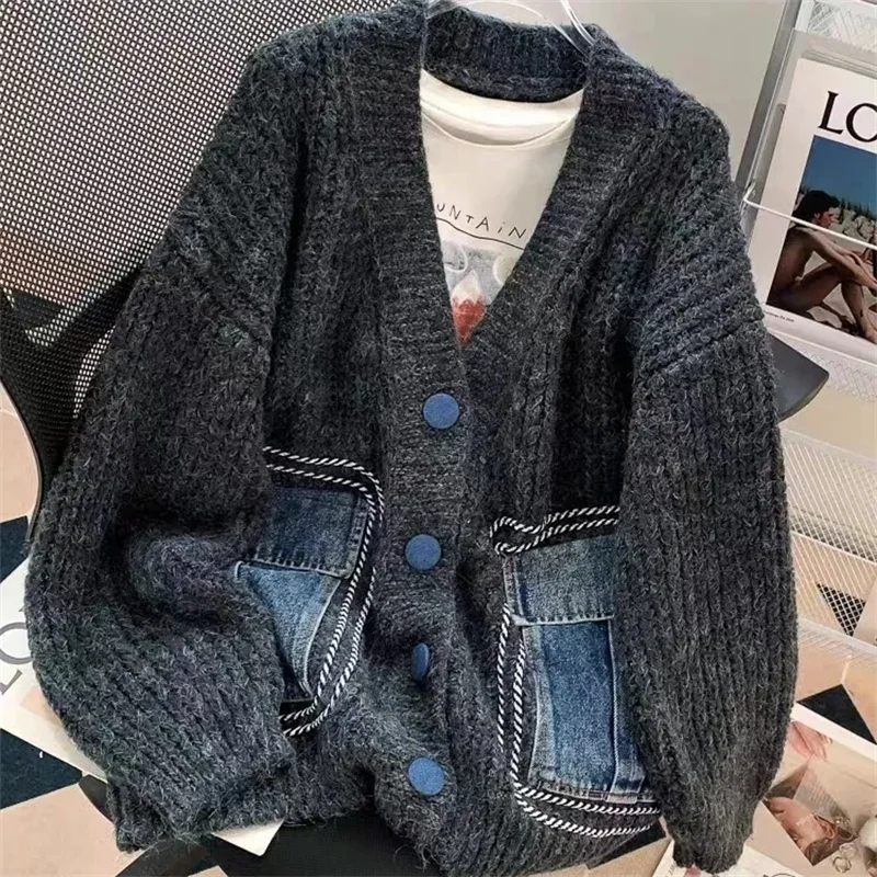 Spring Autumn Loose Knitwear Jacket Women New Knitted Sweater Cardigan Coat 2024 Female Retro Fashion Denim Stitching Outwear