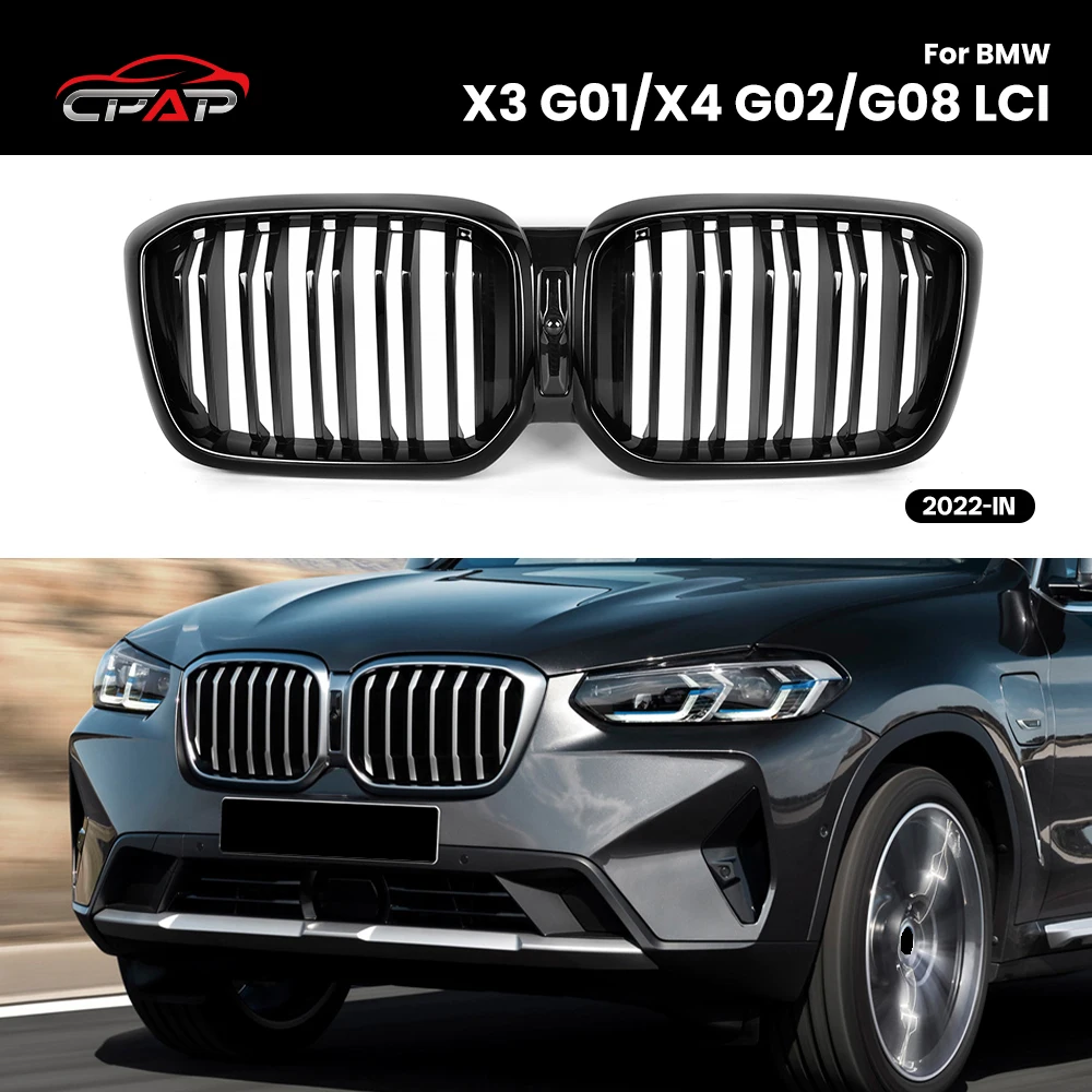 Front Grille Kidney Hood Double Slat Grilles Replacement For BMW X3 G01 X4 G02 LCI 2022-IN Glossy Black Racing Grills