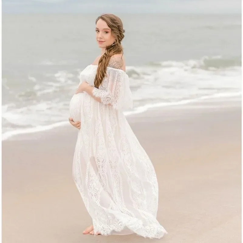 

Off Shoulder Lace Maternity Dress for Photoshoot Baby Shower Wedding Ruffle Summer Beach Floral Lace Boho Pregnancy Dresses