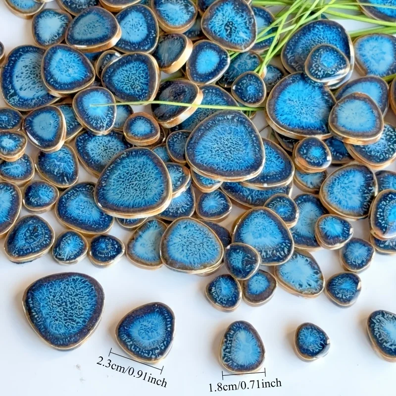 100/200 Grams of Ocean Blue Kiln-Fired Mosaic Material, Mixed in Various Sizes, Deep Blue Flow-Patterned Pebble-Shaped Mosaic Pieces, Suitable for Handmade Art Creations, Home Tabletops, Wall and Step Inlays, Garden Ou