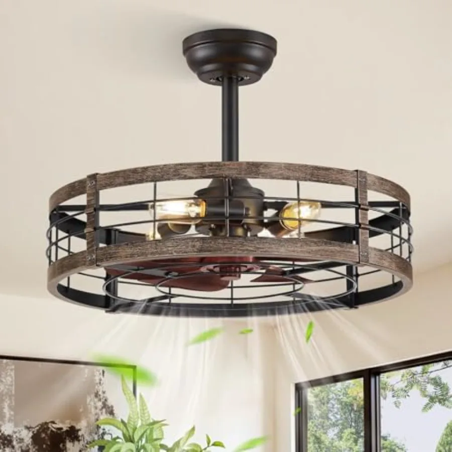

22 Inch Caged Ceiling Fan with Light for Kitchen Bedroom Outdoor, Black and Gold Metal Fandelier with Remote, Small Bladeless F