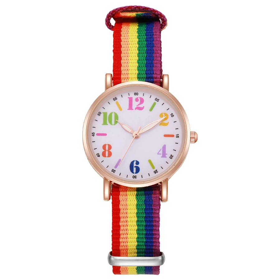 Fashion popular new girls quartz watch rainbow color canvas strap women's watch wholesale