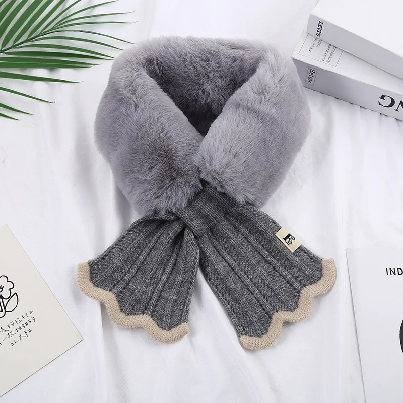 New Fashion Plush Knitting Splicing Scarf Women Winter Faux Fur Thickened Neck Warm Youth Female Outdoor Cross Soft Scarf J28