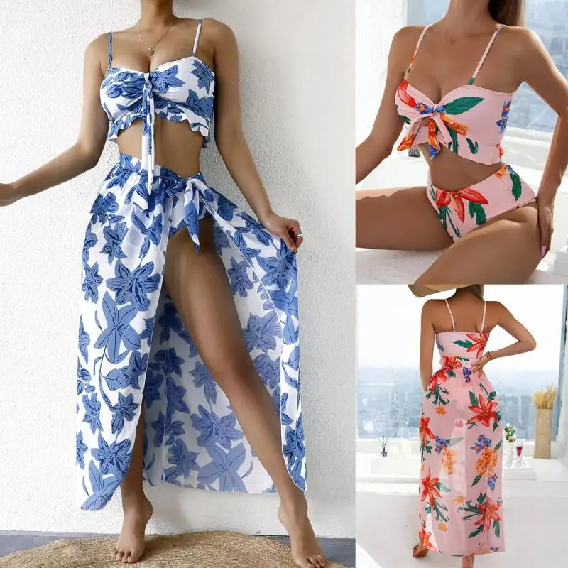 Swimwear Women'S Split Print High Waist Triangle Bow Three Piece Summer Sexy Bikini Swimwear