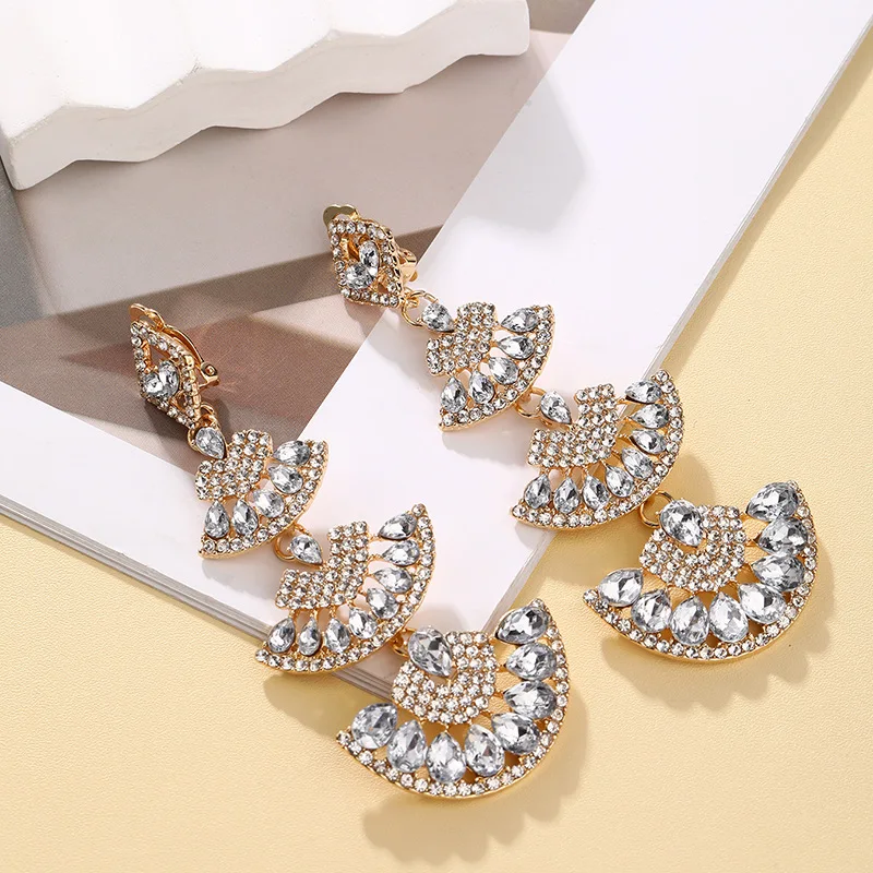 Vintage White Crystal Drop Earrings for Women Oversize Long Sector Geometric Dangle Earrings Statement Jewelry