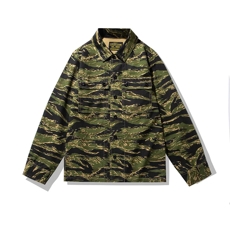 OKONKWO Tiger Stripe Camouflage Shirt Men\'s Work Engineer Long Sleeved Blouse Outdoor Trekking Combat War Clothes Camping Undies