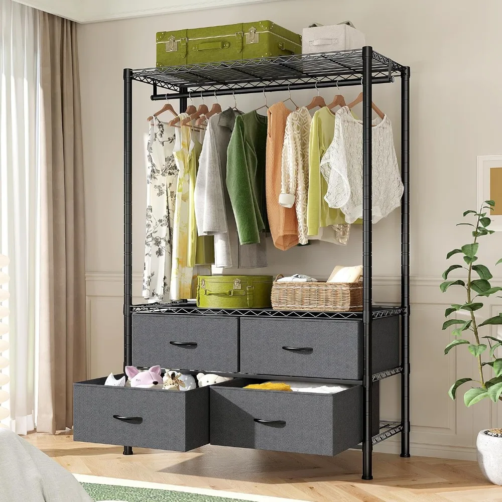 Clothing Rack Garment Rack Closet Rack with Drawers Heavy Duty Clothes Racks for Hanging Clothes, DIY Portable Black Wardrobe