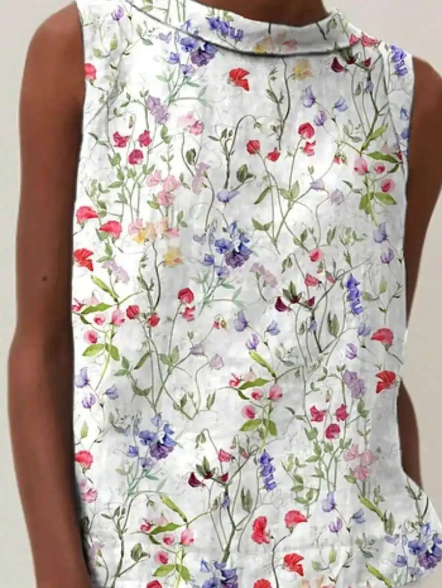 

Womens Vintage Floral Print Sleeveless Top Round Neck
