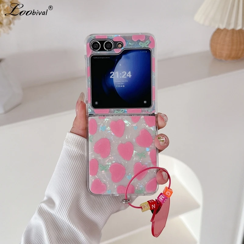 Cute Cartoon Love Heart Case for Samsung Galaxy Z Flip 6 5 4 3 Aurora Shell Acrylic Shockproof Korean Cover for Samsung ZFlip6