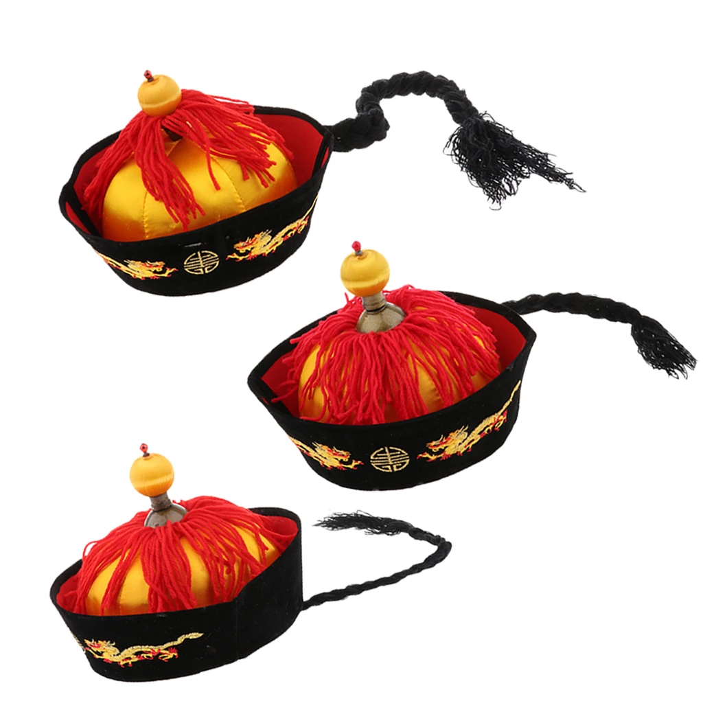 

Retro Oriental Chinese Dragon Long Ponytail Emperor Hat Men Qing Tang for Stage Performance