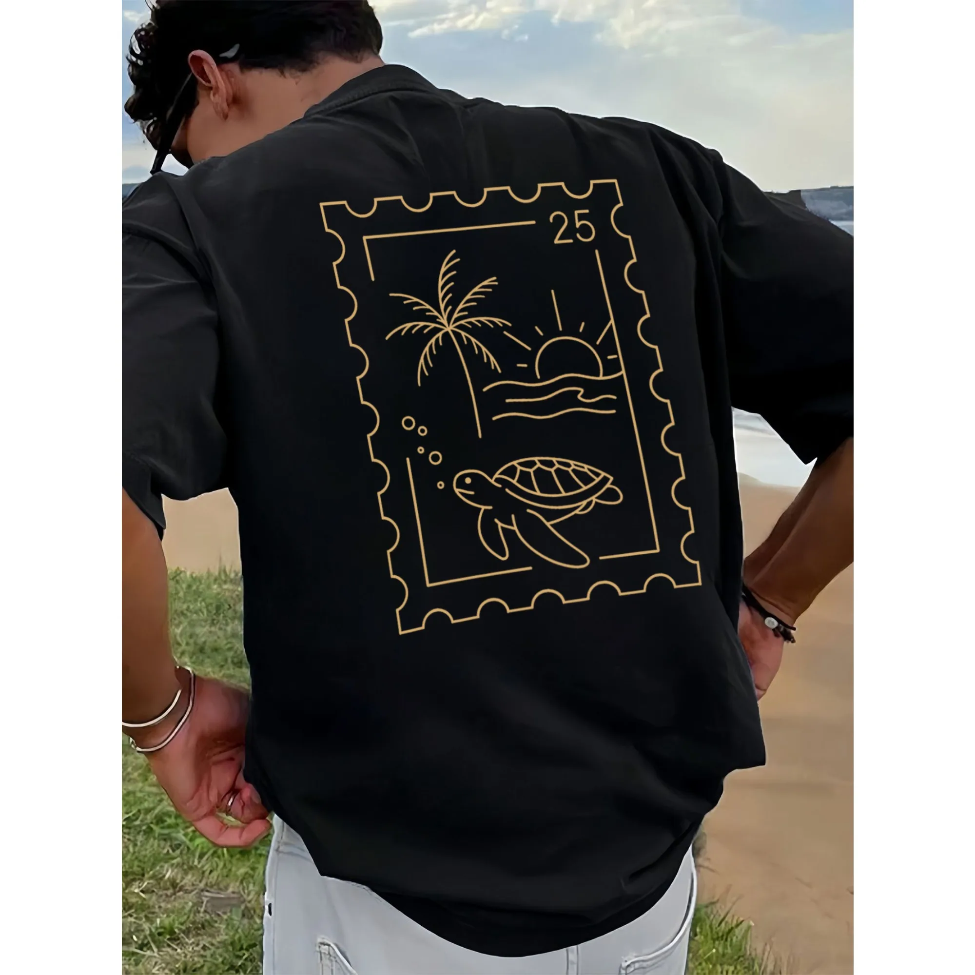 Tropical Turtle Stamp Graphic T-shirt Men Women Summer Streetwear Short Sleeve Casual Cotton Vintage Beach Tee Top
