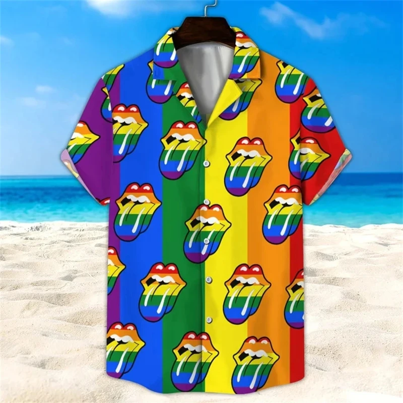 

Summer Oversized Romantic Rainbow Pattern Shirt For Men Fashion Short Sleeve Digital Print Tee Shirts Top Mens Hawaiian Shirt