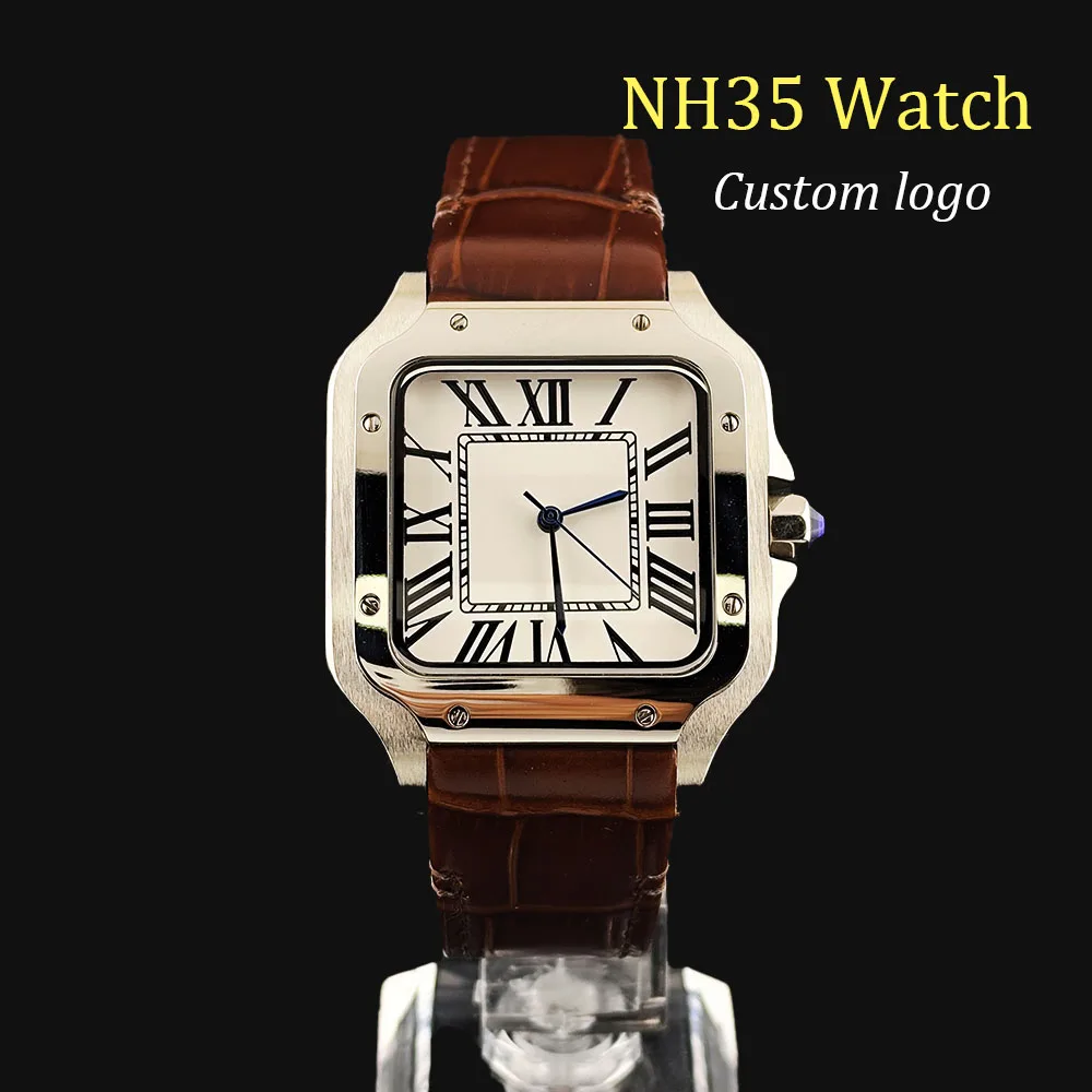 

Новые квадратные часы NH35, мужские часы с римским циферблатом, складная пряжка, индивидуальный логотип, квадратный корпус, часы с механизмом NH35
