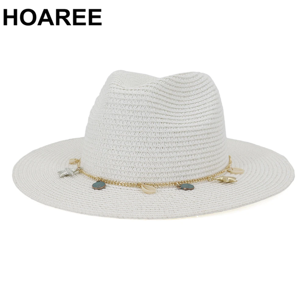 HOAREE-Sombrero de Panamá blanco para mujer, sombrero de paja de ala ancha para playa, estilo británico, Fedora