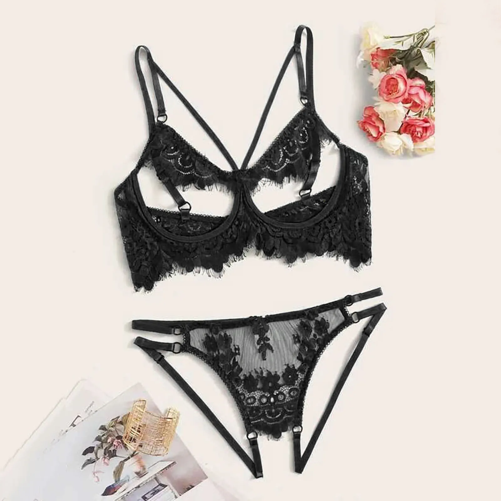 Open Cups Bra Set Lace Sexy Erotic Lingerie Women Underwear Porn Dress Exposed Open Bra with Open Crotch Panties Set