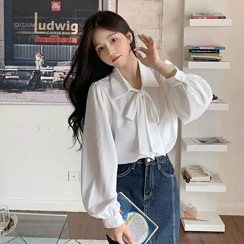 White Shirts Women French Style Bandage Lantern Sleeve Loose Temperament Office Lady Sweet Tops Autumn Outerwear Design Stylish