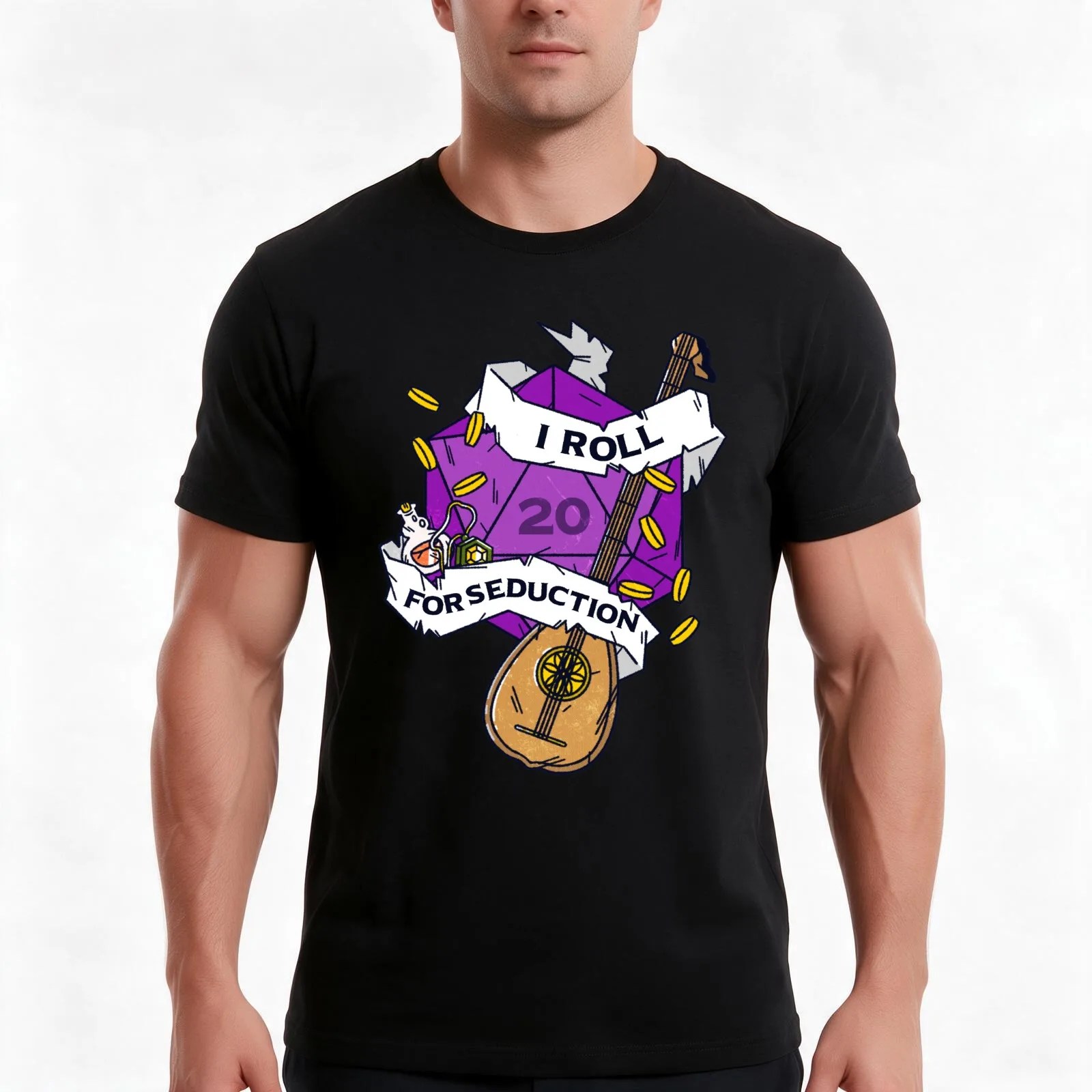 Tabletop RPG Bard - I Roll For Seduction T-Shirt, Funny Graphic Print Tee, Unisex Cotton Casual Short Sleeve Top