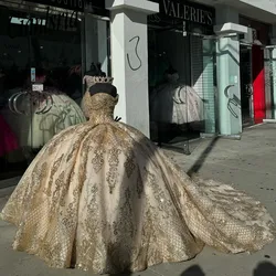 Vestidos De Quinceañera champán De lujo, vestido De baile con apliques De encaje De cristal, escote Corazón, dulce, 2023