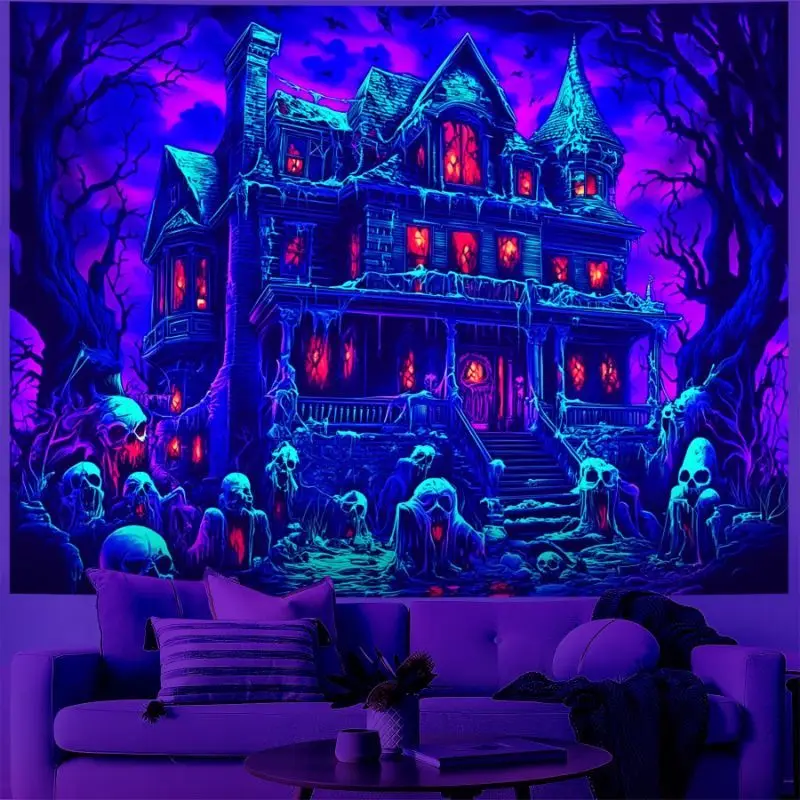 VIKAMA Halloween Skeleton Pumpkin Tapestry, Haunted House Psychedelic Horror Wall Hanging, Bedroom Dorm Party Decor