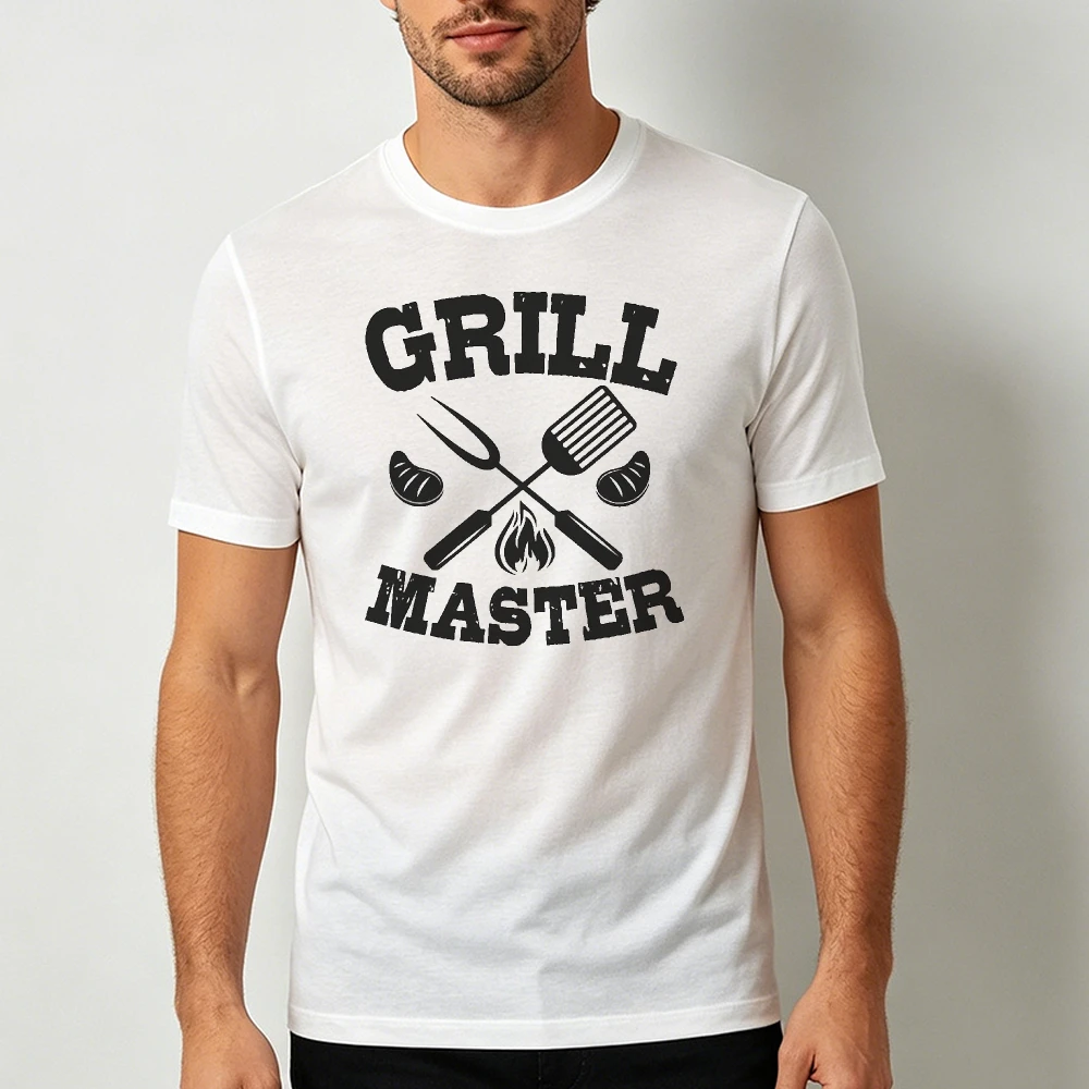 Grill Master Crossed Spatula Fork Garlic Flame Letter Men Summer T Shirt BBQ Lover Bold Typography Short Sleeve Apparel
