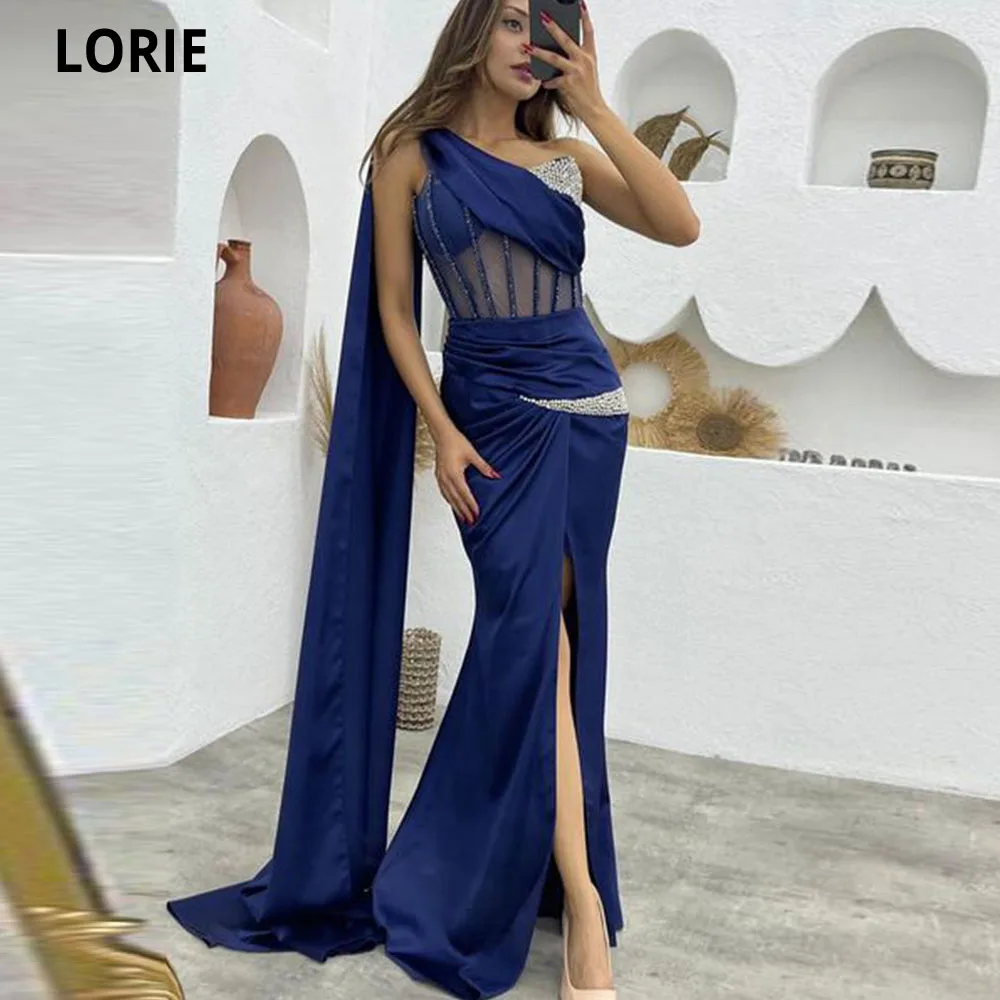 

LORIE Navy Blue Mermaid Princess Evening Dresses Fish Bone Robe de Soiree Side Split Beaded Long Prom Gowns Vestidos de Fiesta