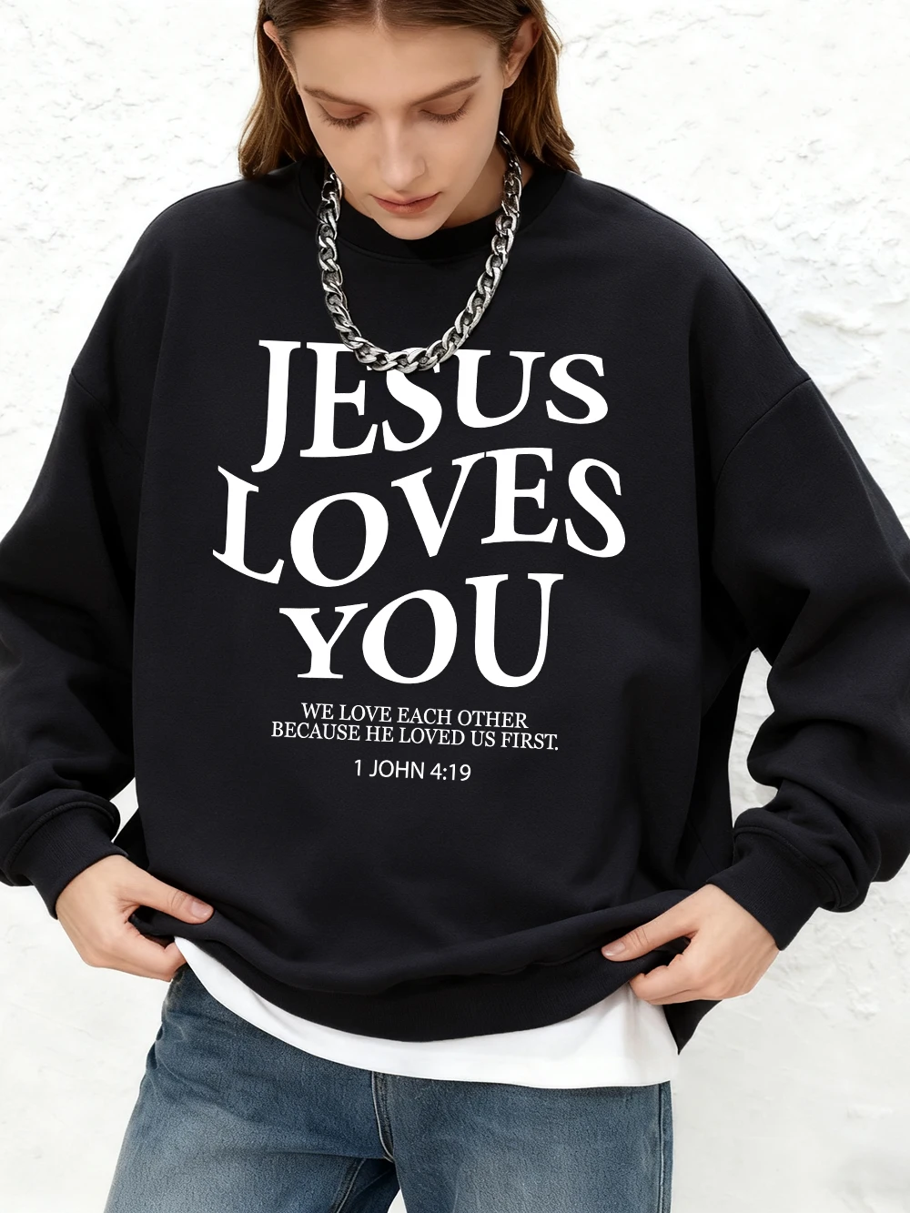 Bluza z nadrukiem Jezus Cię Kocha Damska Casualowa Bluza z Okrągłym Dekoltem Oversize Jesienna Ciepła Bluza z Długim Rękawem Top Damski Strój do Biegania