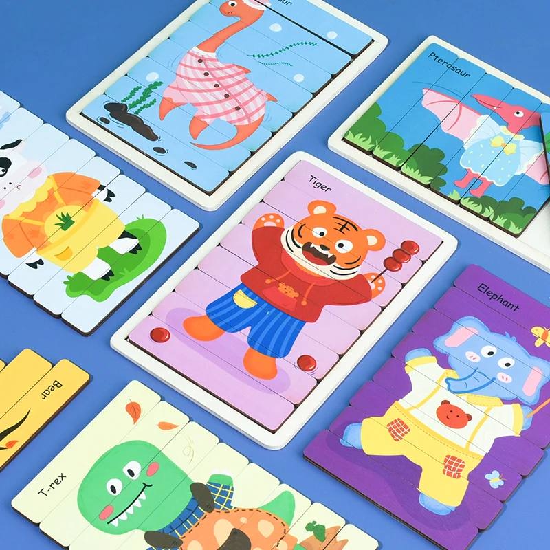 

Двусторонние деревянные пазлы с мультяшными животными, детские головоломки Монтессори, детские развивающие игрушки для детей