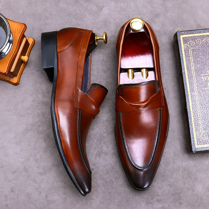New British Retro Business Formal Leather Shoes Casual Genuine Leather Shoes Men\'s Wedding Shoes Shallow Slip-On Loafers for Men
