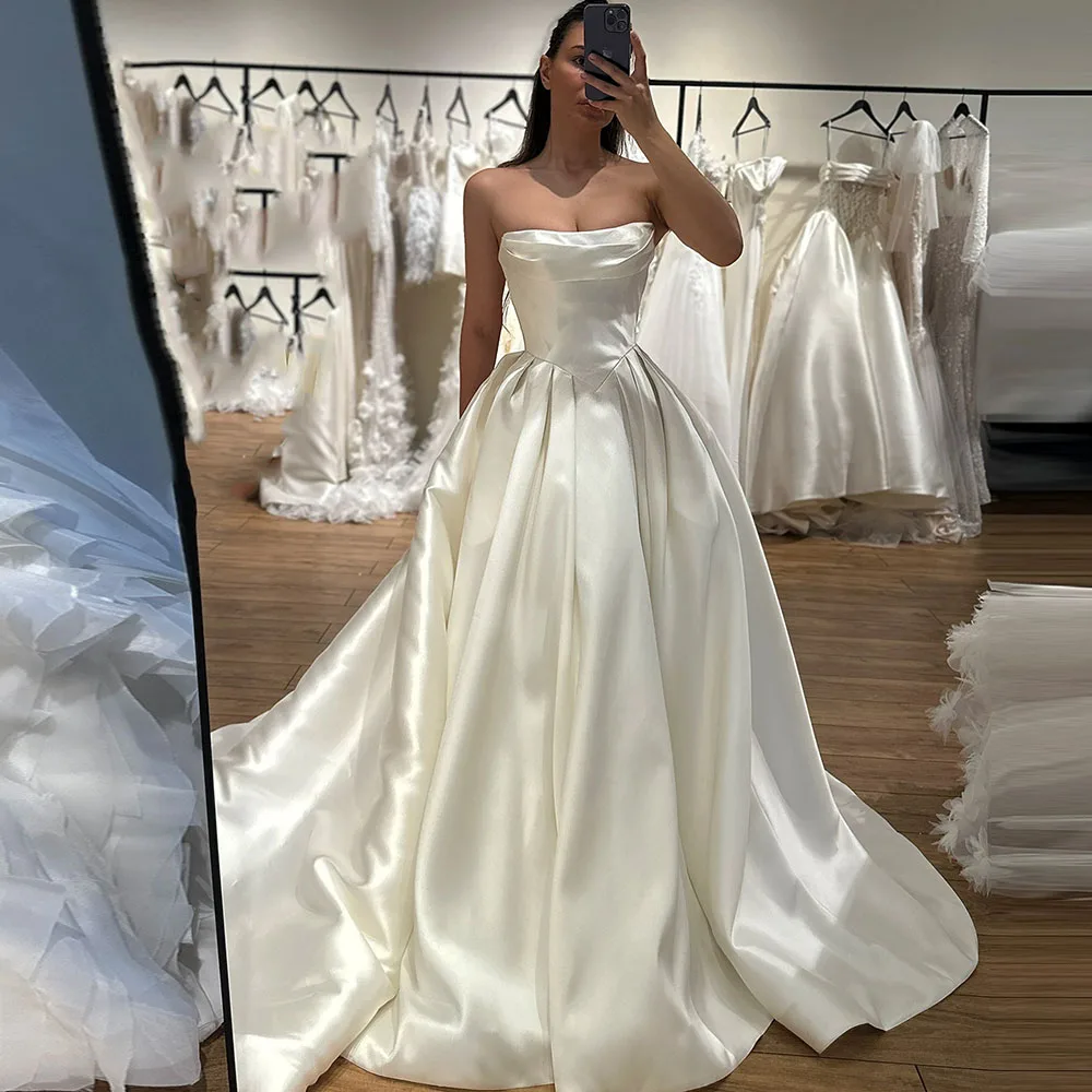 Eightale Vintage-Hochzeitskleid mit U-Ausschnitt, Prinzessin, A-Linie, maßgeschneidertes elfenbeinfarbenes Satin-Brautkleid, Braut-Partykleid, Vestido De Novia