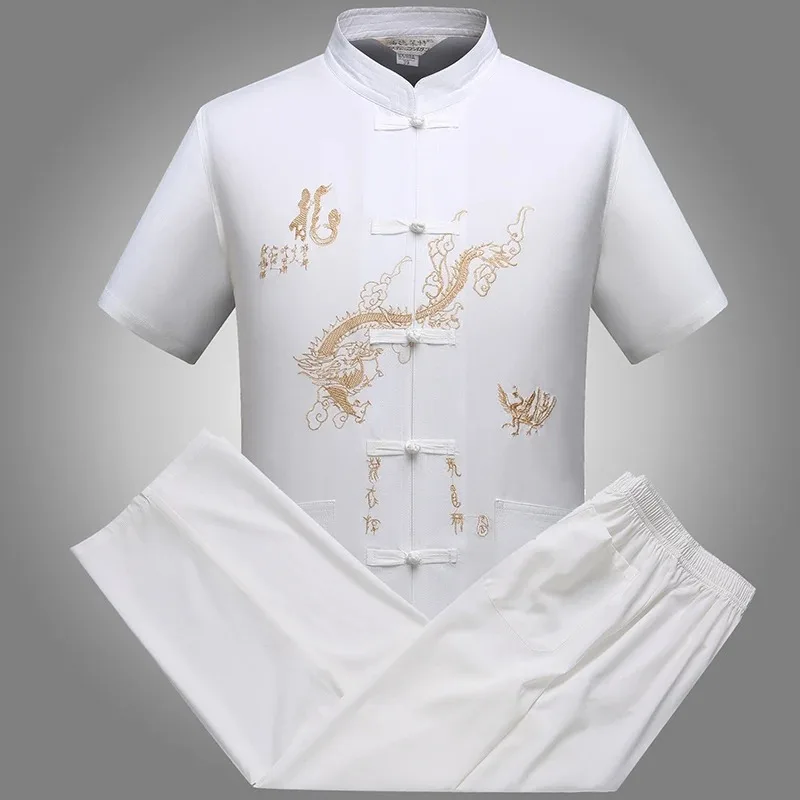 Men's Traditional Chinese Costume Set 2-piece Short Sleeve Shirt+Pants Breathable Embroidery Men's Kung Fu Tang Suit Casual Set