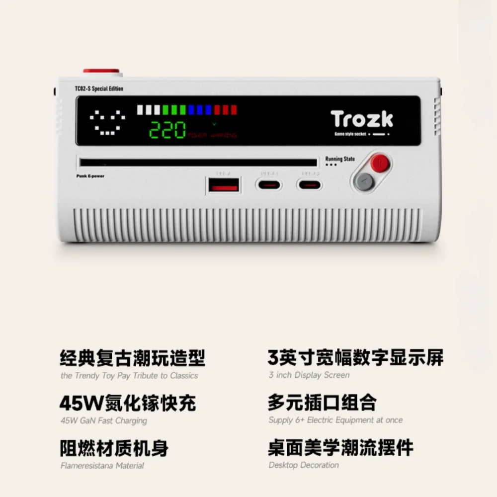 Trozk USB Power Strip Docking Station Red White Machine 45W GaN Fast Charging Extension with 3-inch Screen Display Retro Pattern