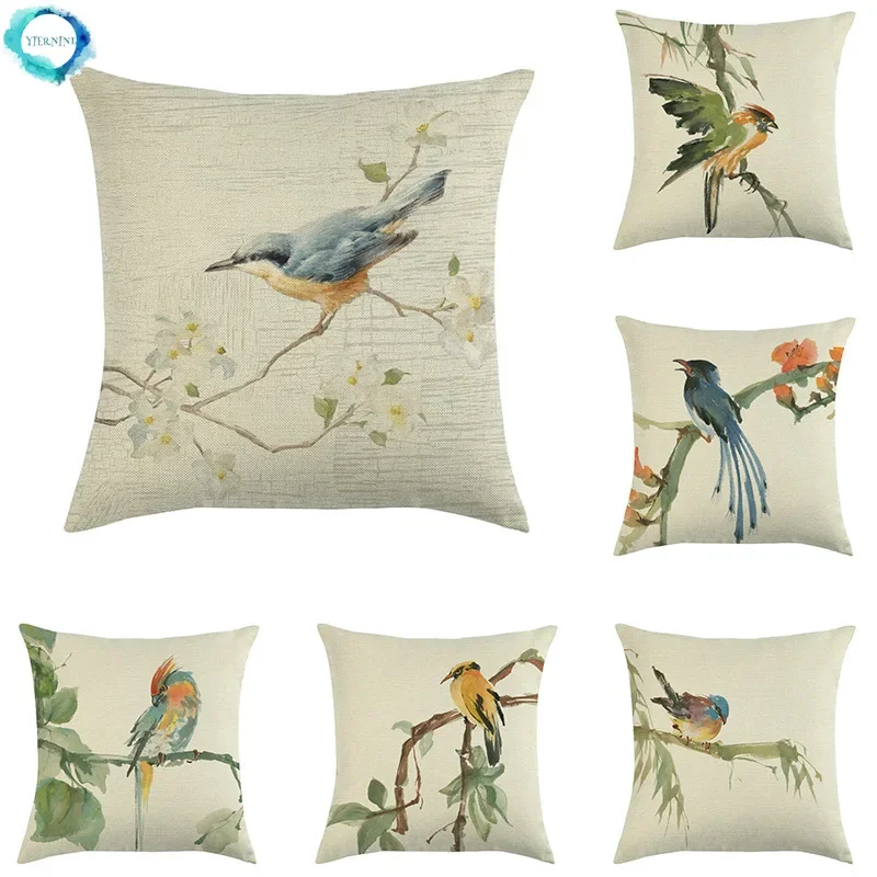 

American Country Series Vintage Bird Pattern Decorative Cushion Cover Pillowcase Cotton Linen Throw Pillow Cover for Sofa Couch