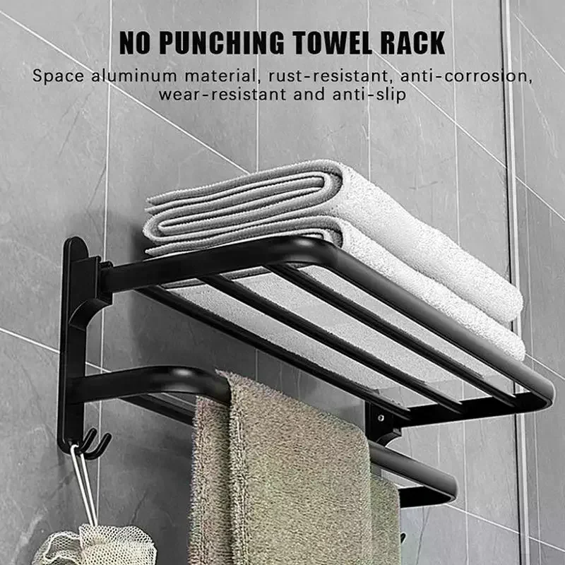 Self-adhesive Bathroom Towel Rack Without Drilling Wall Mount Bath Towel Hanger Holder Folding Large Storage Rail