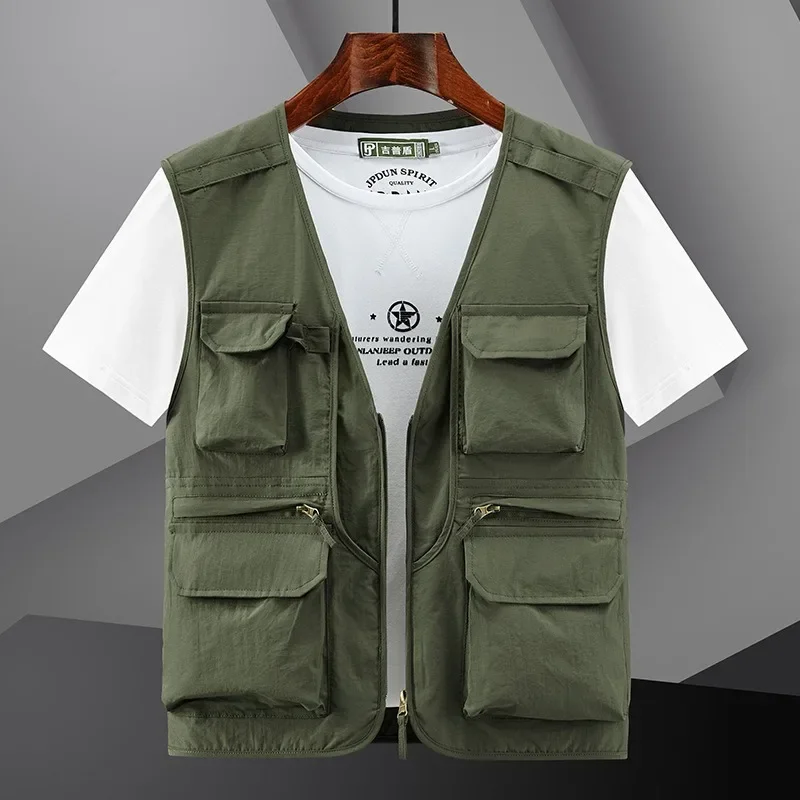 Fishing Leather Vests for Men Embroidered Vest Jackets Hunting Multi-pockets Multi-pocket Work MAN Fashion Plus Size Outerwear