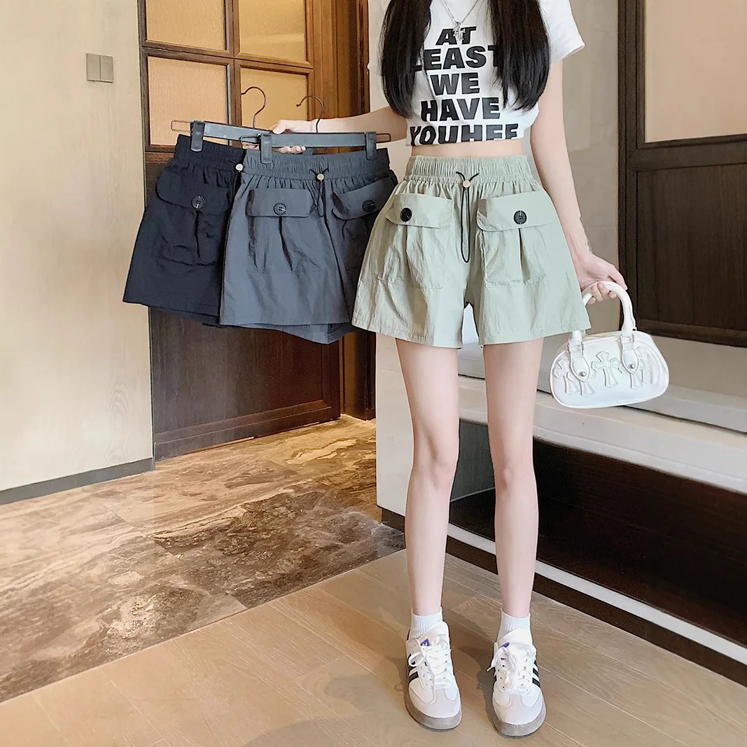 

High-waisted thin spicy gray casual shorts female summer 2025 new workwear wide-leg double pockets drawstring pants