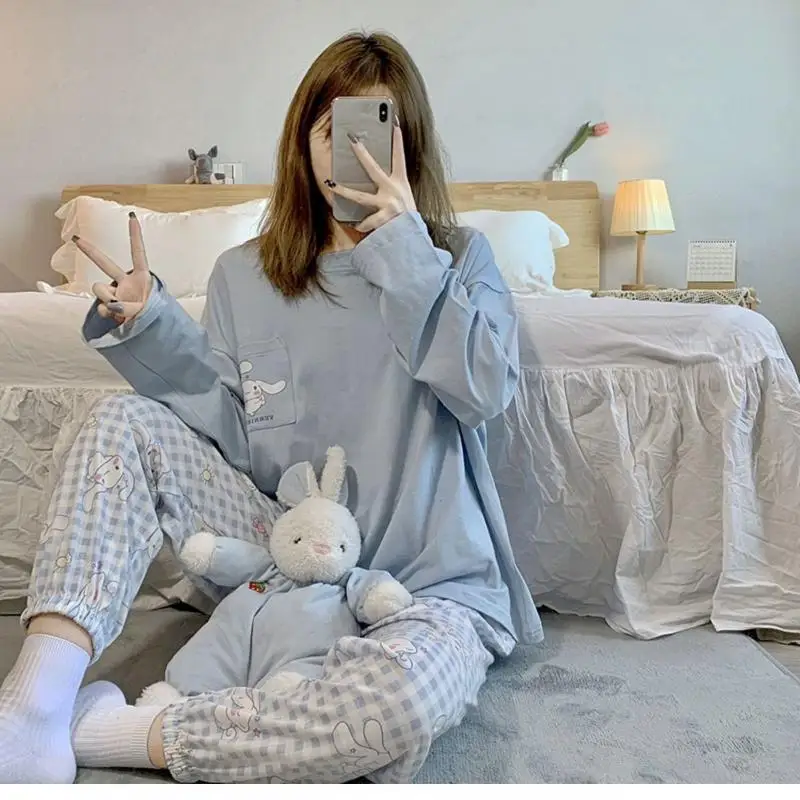 Kawaii Sanrios Cinnamoroll piżama z okrągłym dekoltem Anime śliczne dziewczyny bielizna nocna wiosna jesień Homewear Cartoon luźne długie rękawy