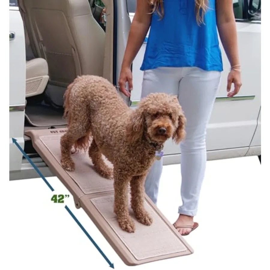 

SupertraX Ramps for Dogs and Cats: Rubber Traction Surface, Sand Color, Portable Easy-Fold Design with Built-in Handle, Support