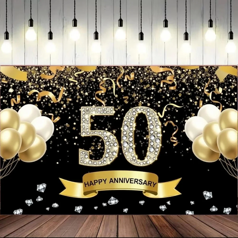 50th Anniversary Wedding Anniversary Theme Party Background Decoration Black GoldBalloon Family Party Banner Backdrop 180x110cm