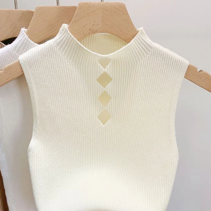 Fashion Half Turtleneck Knitted Tank Top Summer Women Solid Color Sleeveless Hollow Vest