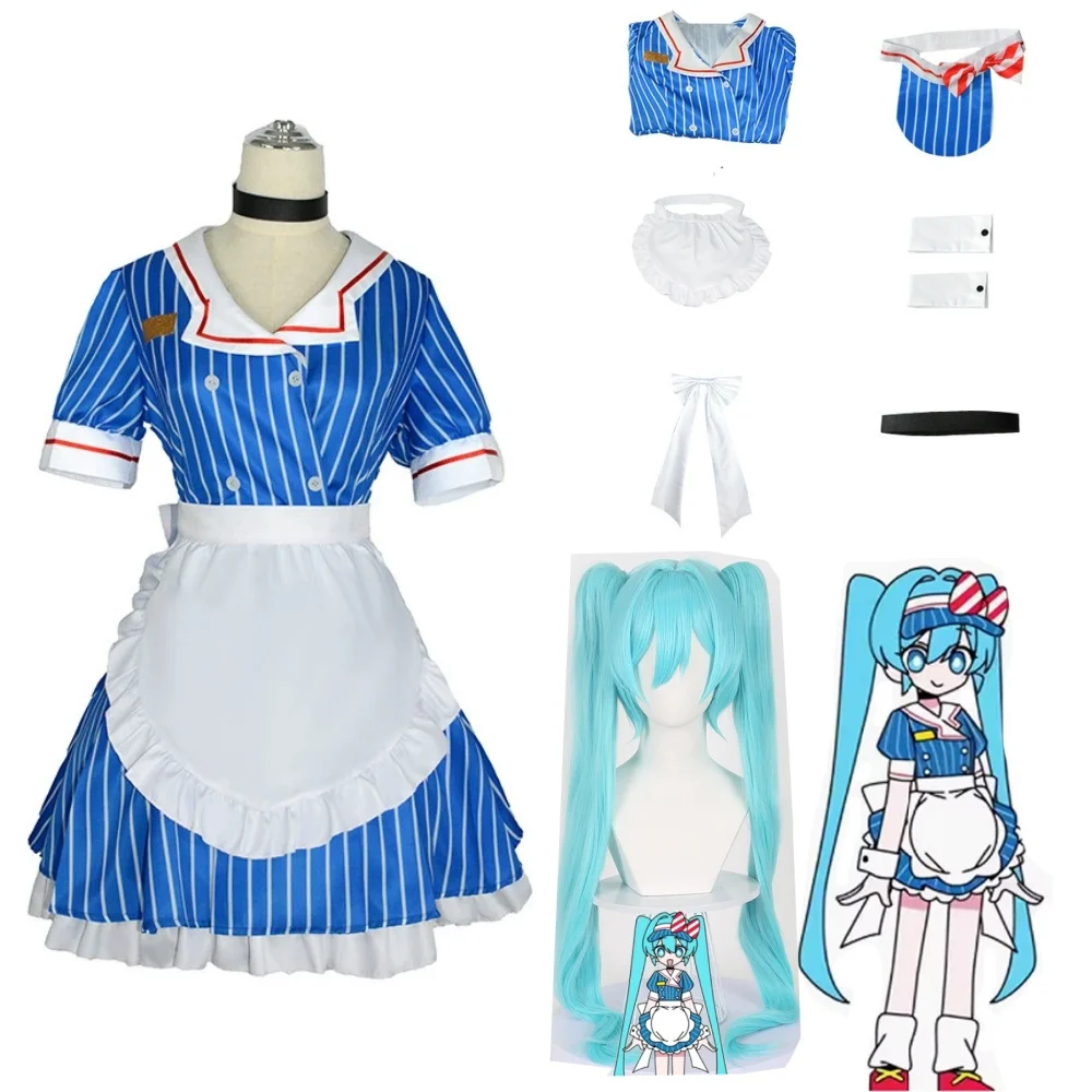 

Mikuu Hypnotist Cosplay Costume Wig Mikuu Kasane Teto Blue Striped Lolita Maid Dress Halloween Party Suit For Women Girl